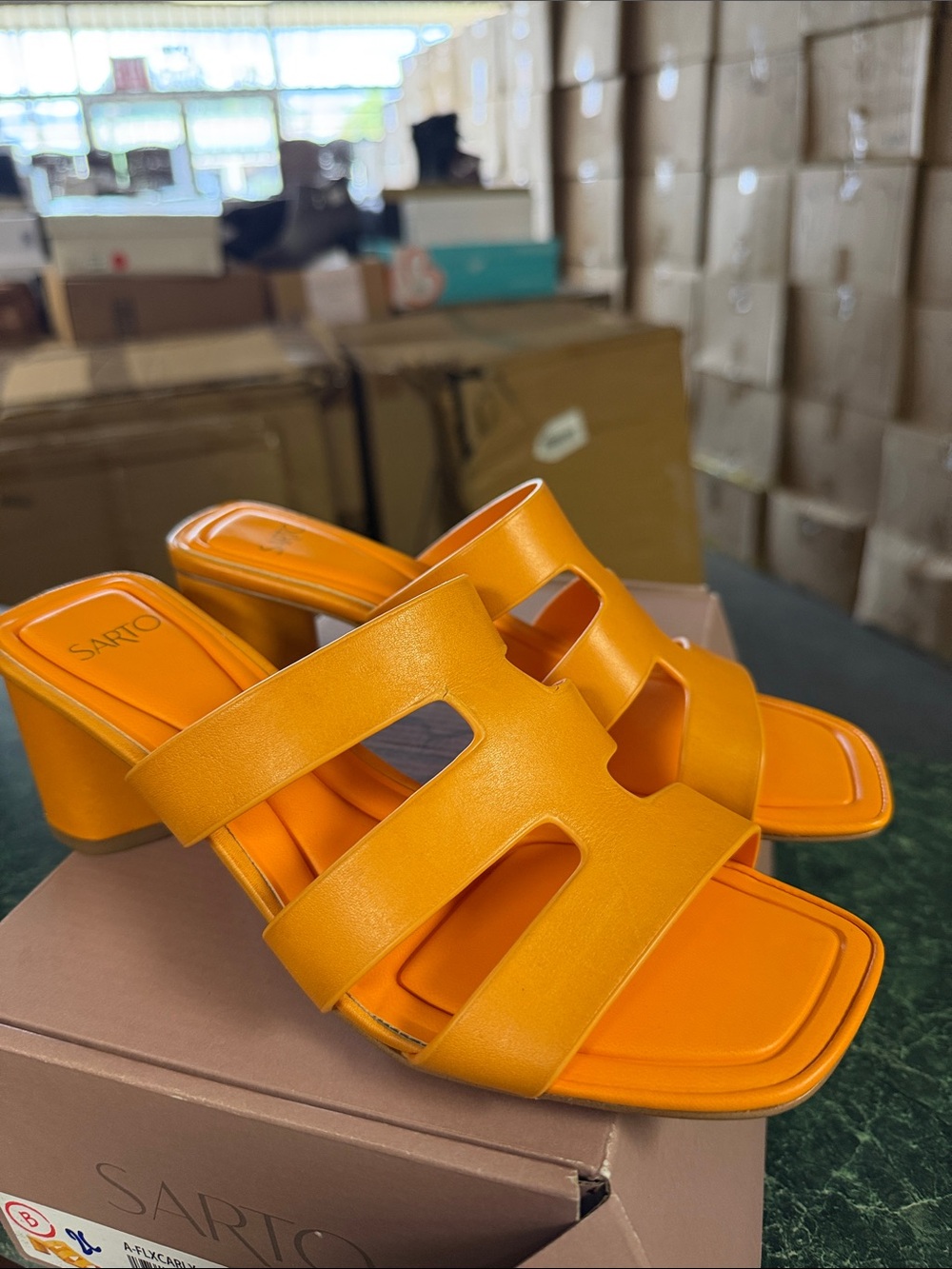 Franco Sarto Vibrant Orange Cutout Block Heel Slides